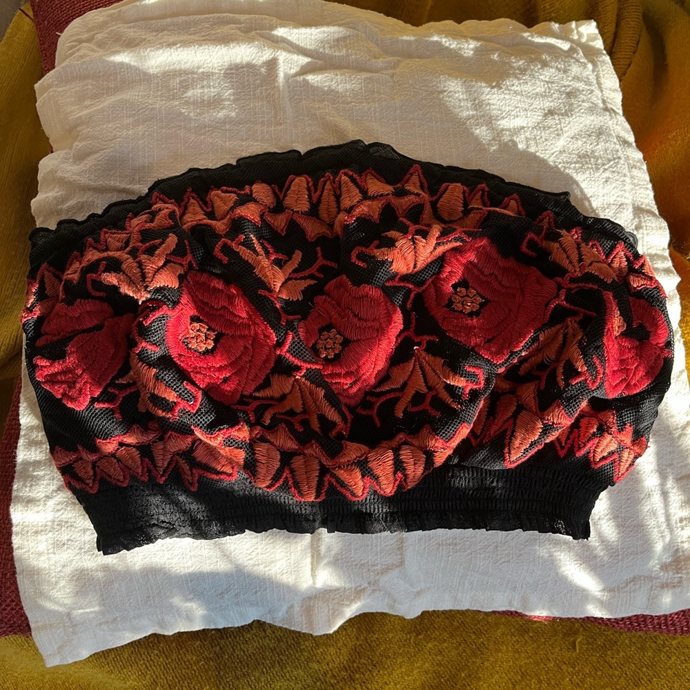 Free People tube top embroidered floral black and red